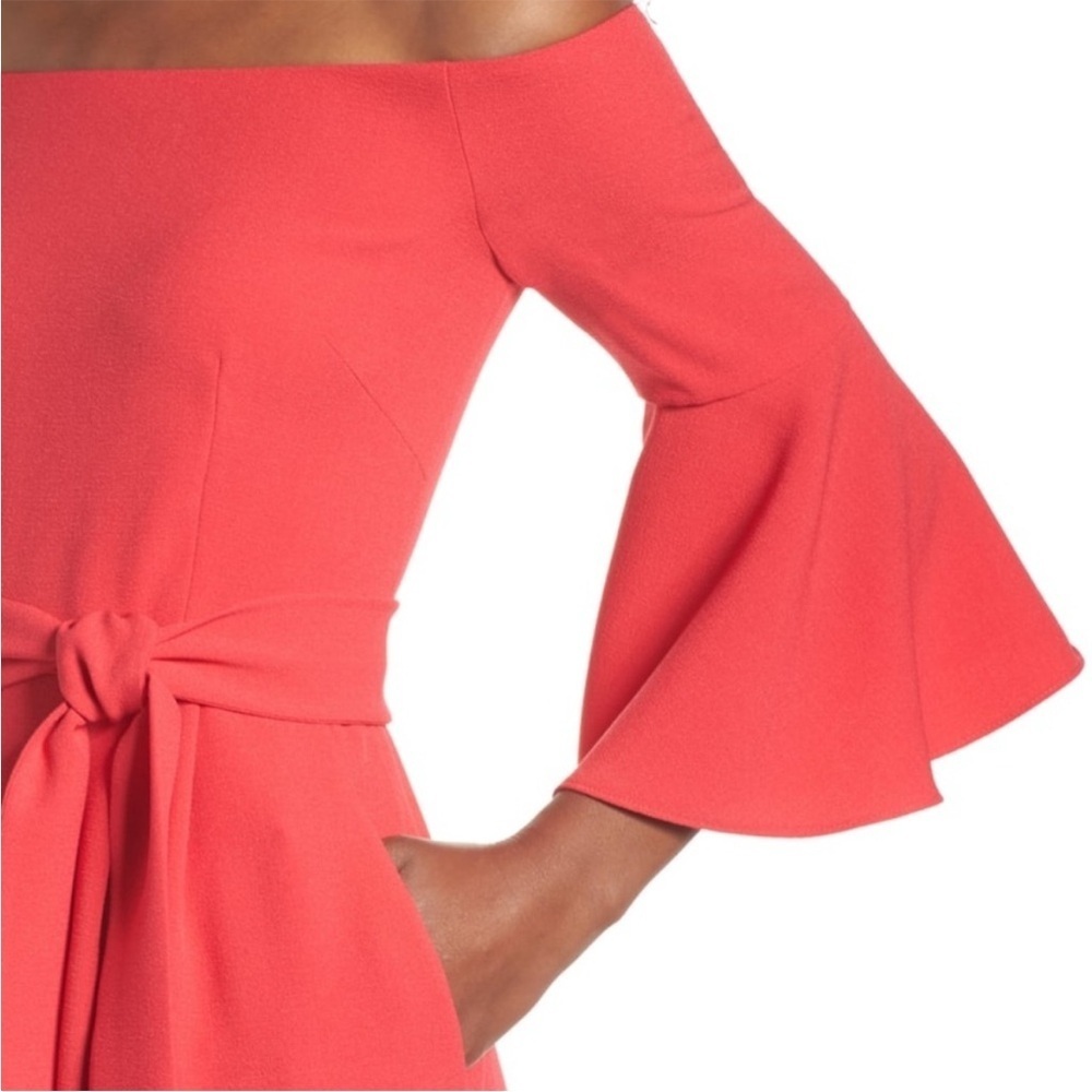 NWT Eliza J Red Off-the-shoulder Bell Sleeve Tie Waist Jumpsuit Sz 6 - Picture 3 of 16